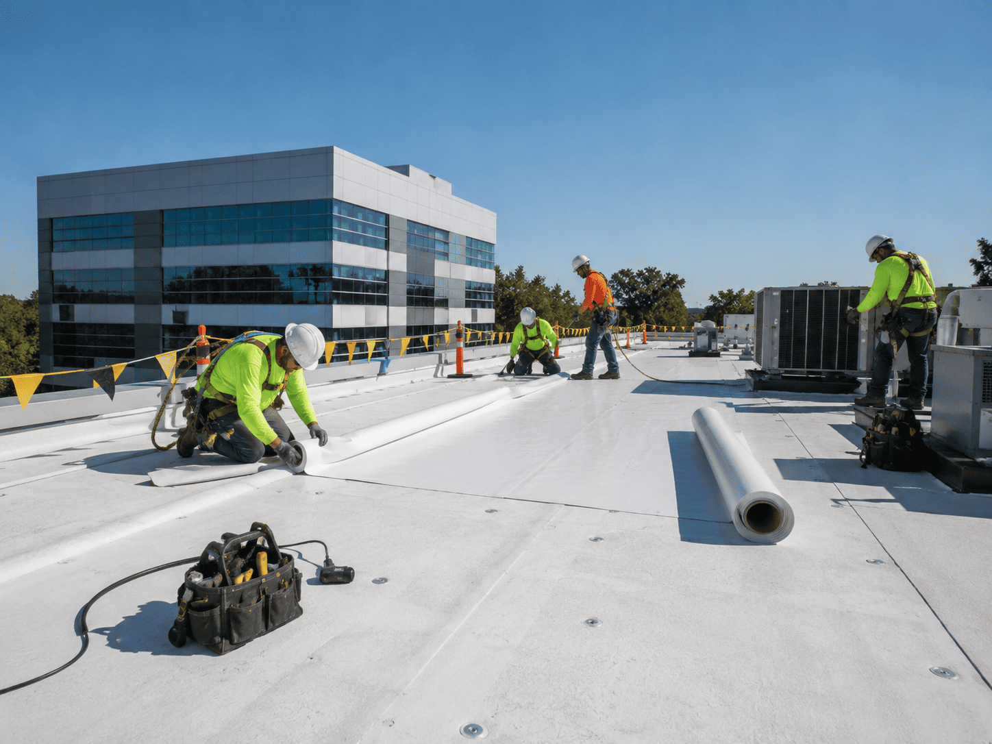 Commercial roofing crew at work in Benton Harbor, MI