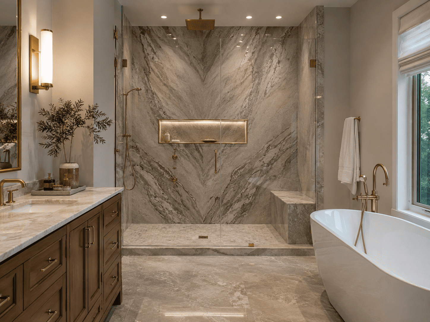 Bathroom remodel with marble tile shower and tub in Benton Harbor, MI