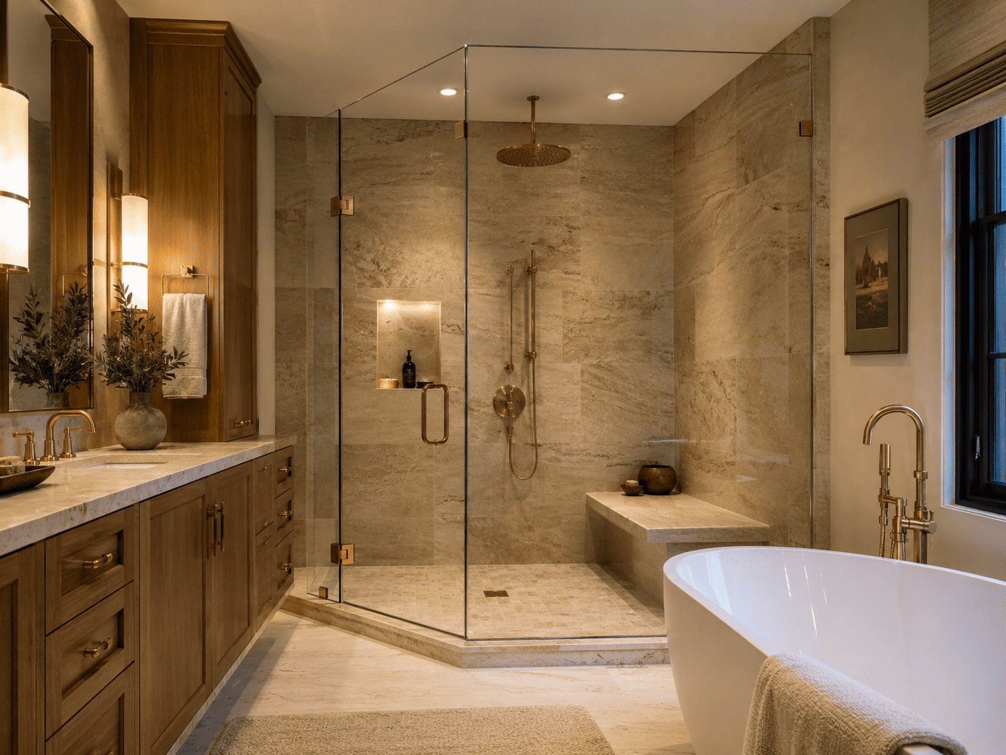 Bathroom remodel with glass shower and marble tile in Benton Harbor, MI