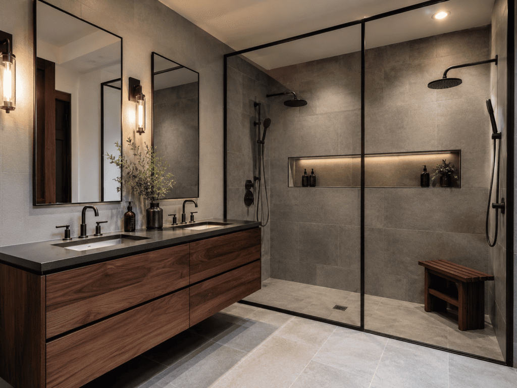 Bathroom remodel with dark wood vanity and glass shower in Benton Harbor, MI