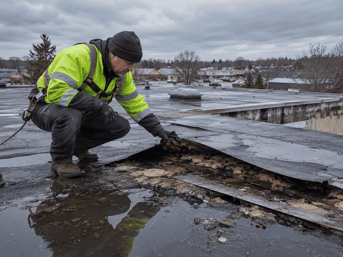 Crew repairing water-damaged roofing in Benton Harbor, MI