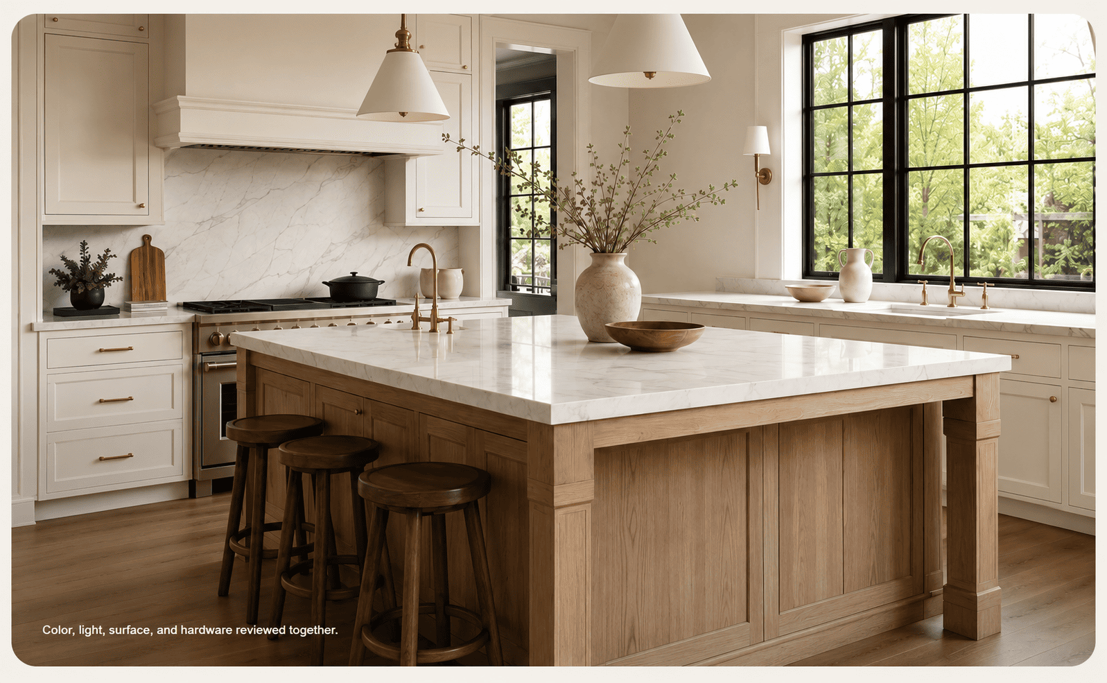 White Shaker kitchen with quartz countertops, wood island and brass hardware