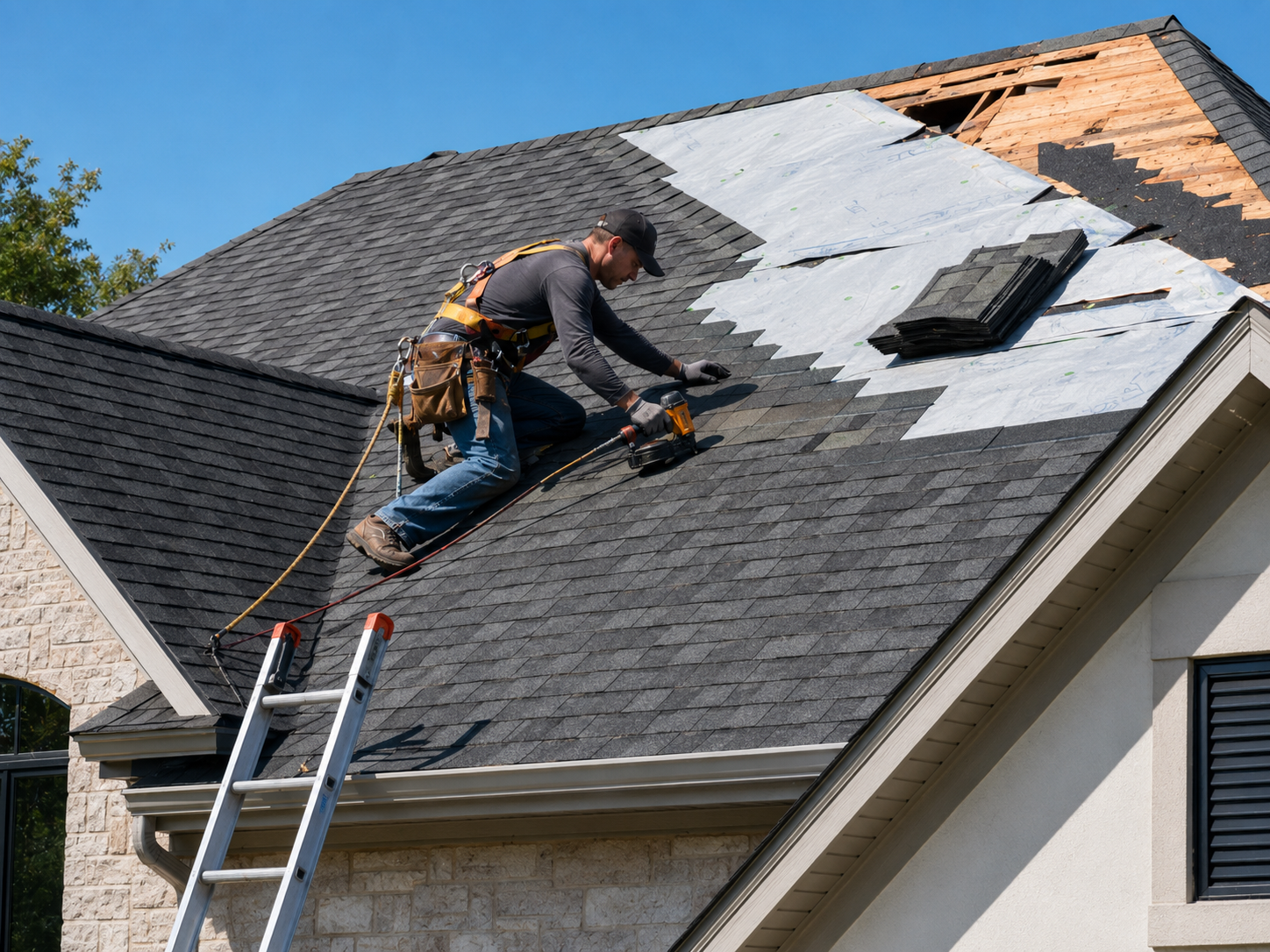 Roofing crew installing shingles in Benton Harbor, MI