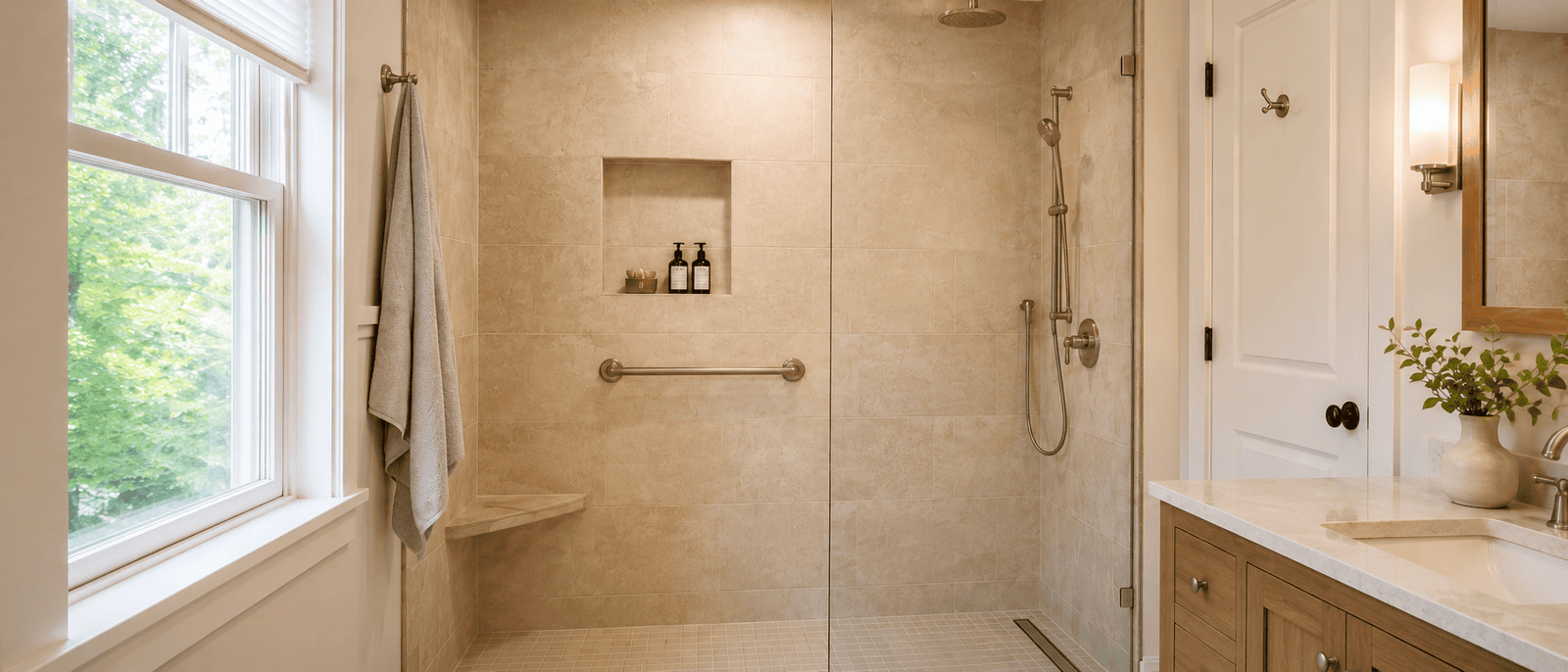 Completed bathroom remodeling project with walk-in shower and vanity