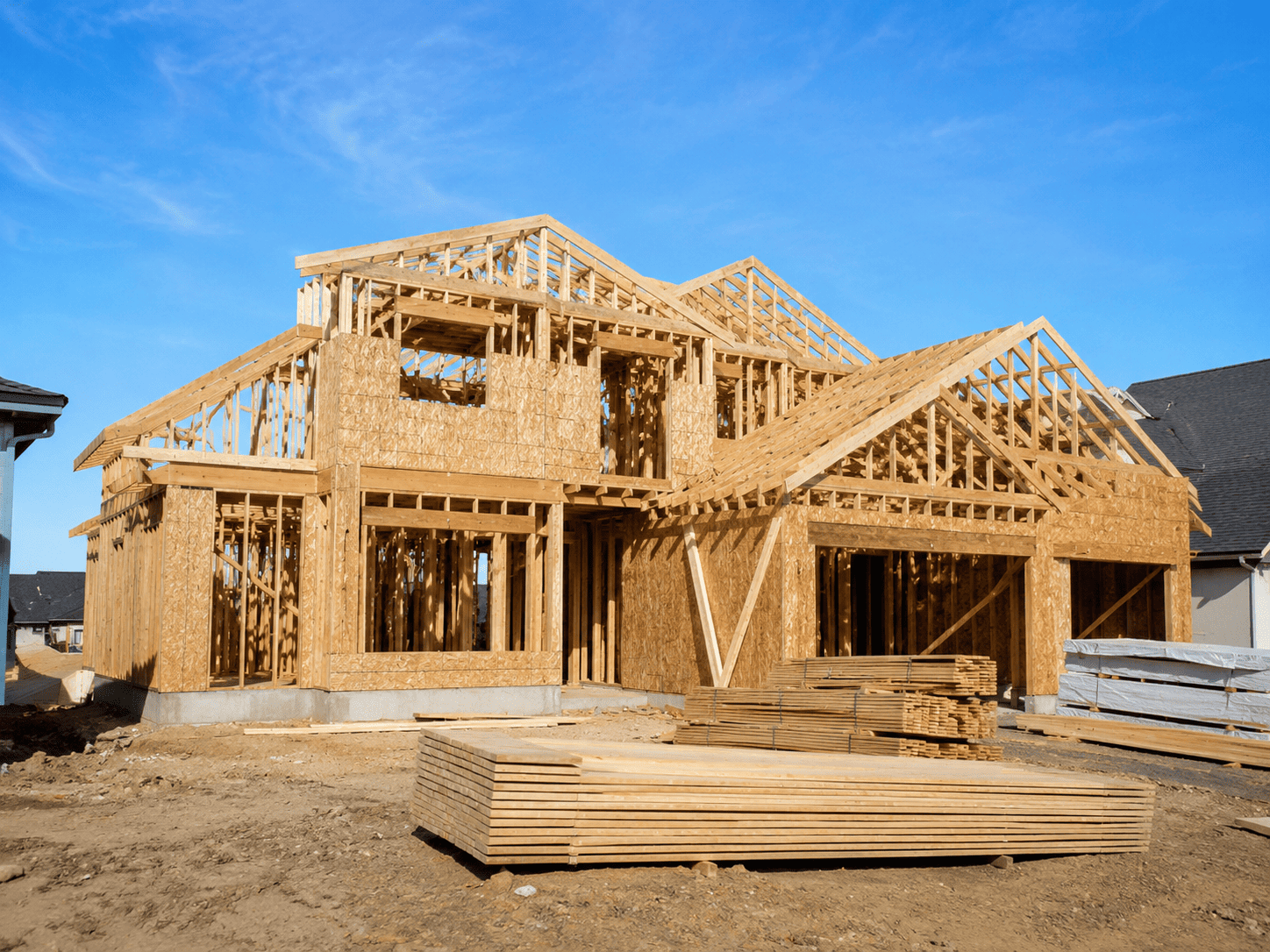 Close-up of new home framing in Benton Harbor, MI