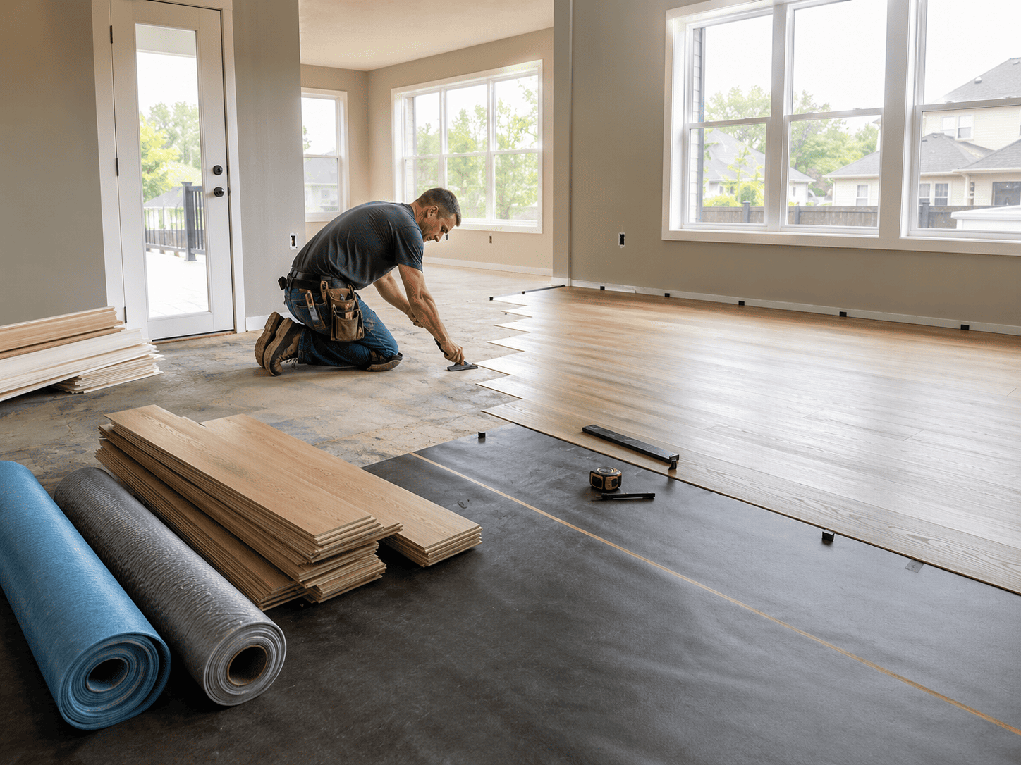 Crew installing hardwood flooring in Benton Harbor, MI